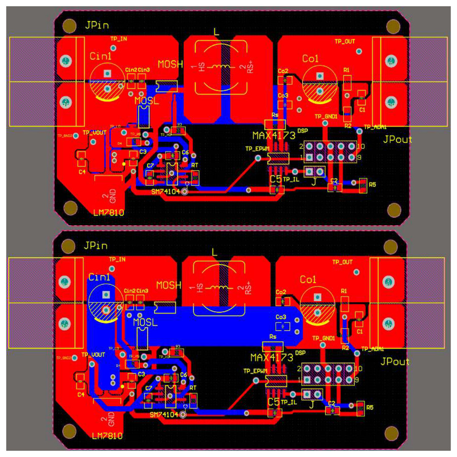 PCB layout of a DC-DC power module, top and bottom copper layers