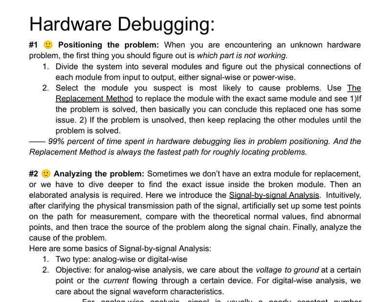 First page of the hardware debugging field notes document