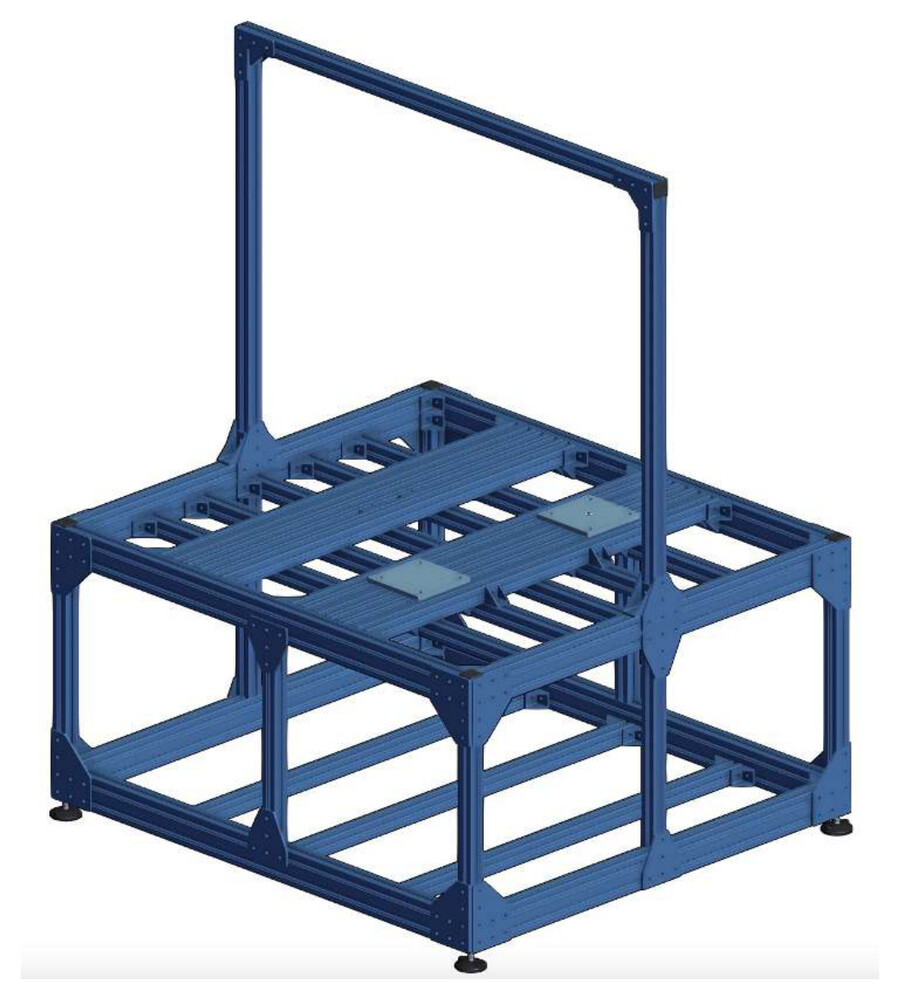 CAD model of an aluminum-extrusion robot cell base frame designed in Vention