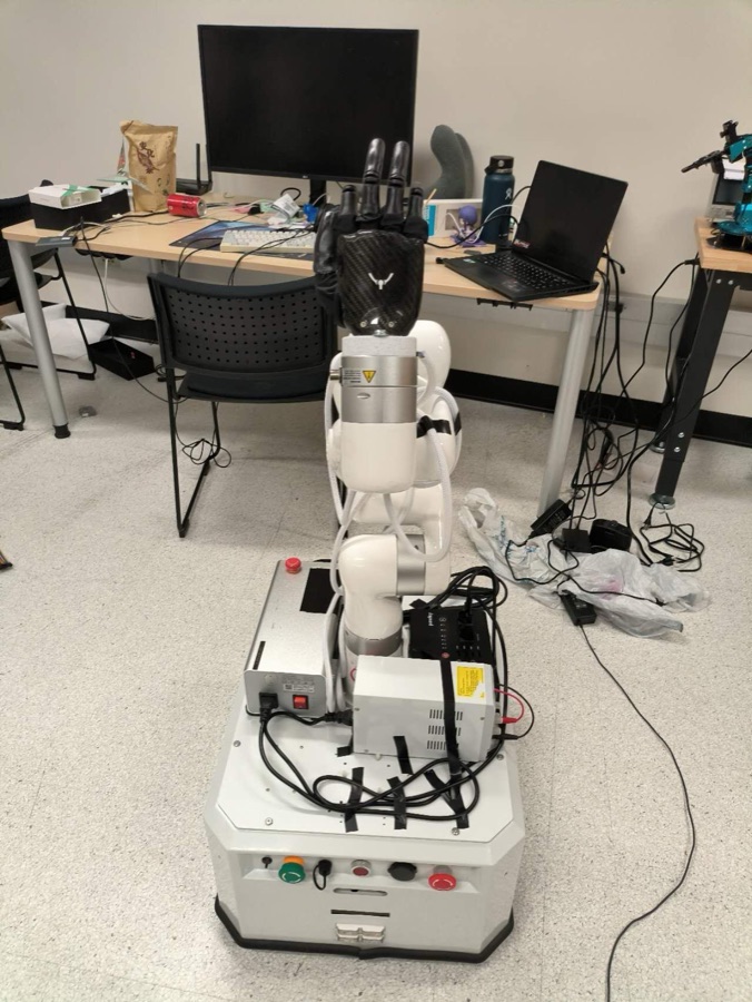 Mobile manipulator: xArm with Ability Hand on a mobile base, fully onboard power