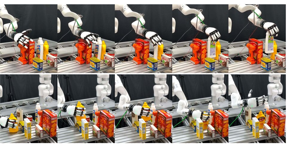 Time-lapse strips of an xArm7 with XHand dexterous hand executing manipulation among household objects