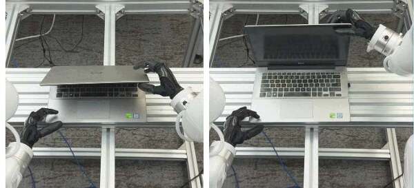 Two dexterous robot hands opening an unseen laptop bimanually, before and after frames